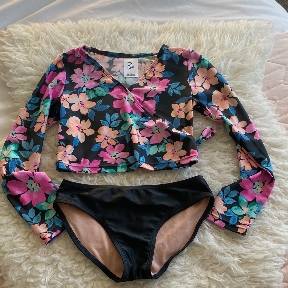 Cat & Jack Floral Kids Swim Rashguard Set - Black and Pink